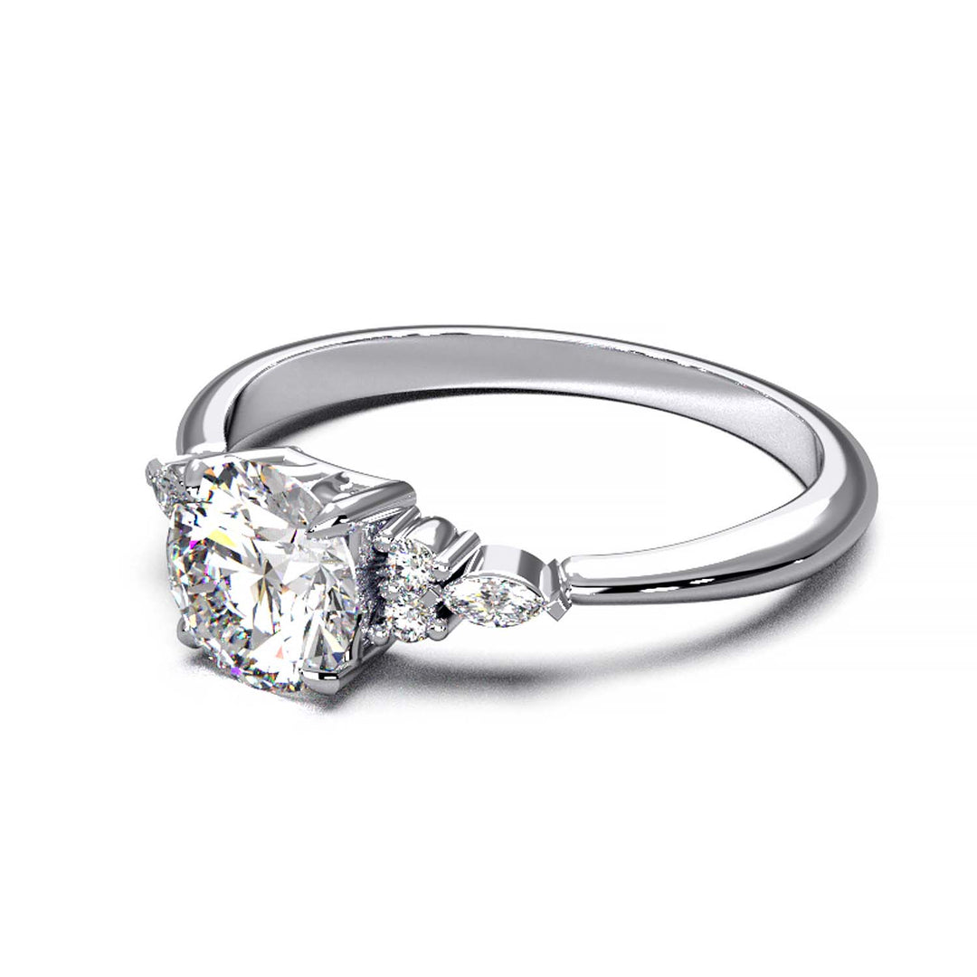 Elegant 0.6ct Round Lab-Grown Diamond Engagement Ring with Side Marquise and Round Accents.