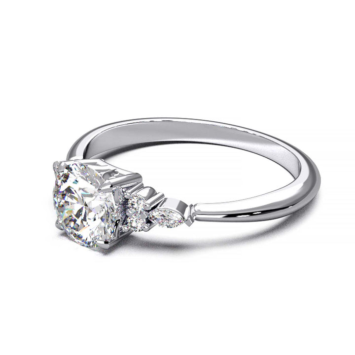 Elegant 0.6ct Round Lab-Grown Diamond Engagement Ring with Side Marquise and Round Accents.