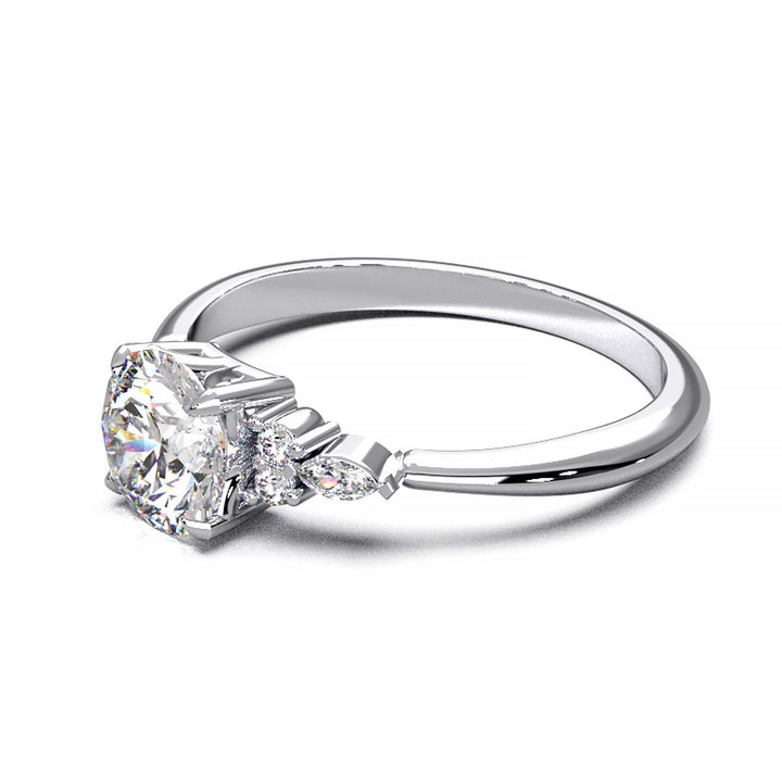 Elegant 0.6ct Round Lab-Grown Diamond Engagement Ring with Side Marquise and Round Accents.