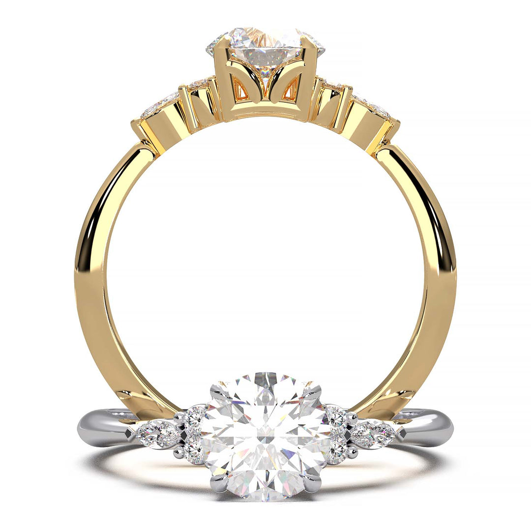 Elegant 0.6ct Round Lab-Grown Diamond Engagement Ring with Side Marquise and Round Accents.