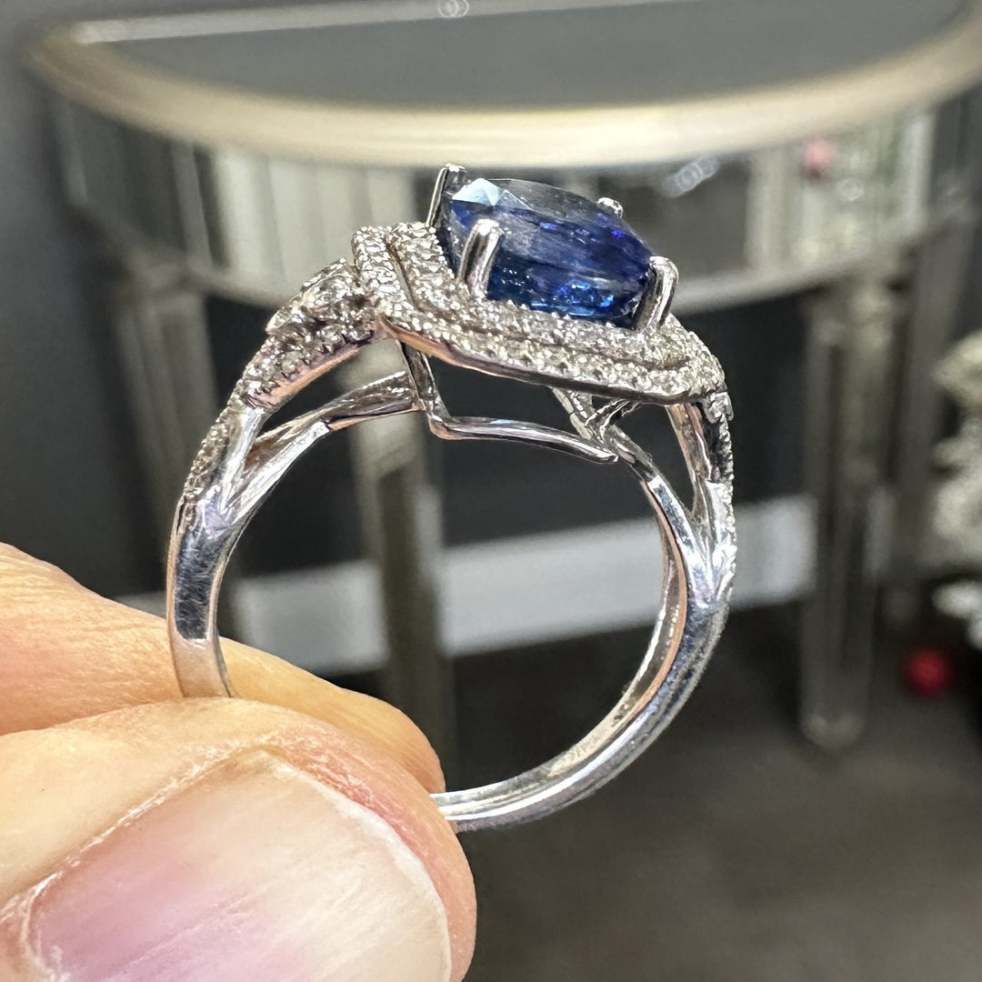Elegant 3.83ct Cushion Cut Blue Sapphire & Diamond Ring in 14K White Gold