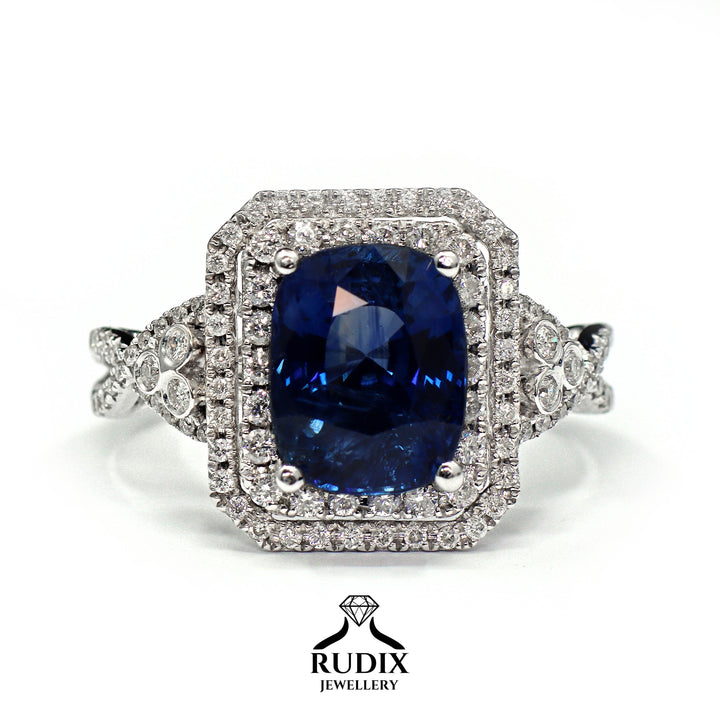 Elegant 3.83ct Cushion Cut Blue Sapphire & Diamond Ring in 14K White Gold