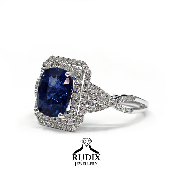 Elegant 3.83ct Cushion Cut Blue Sapphire & Diamond Ring in 14K White Gold