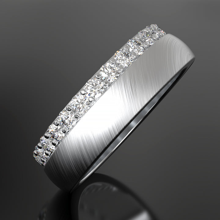 Dual-sided diamond band with lab-grown diamonds and angled brushed pattern.