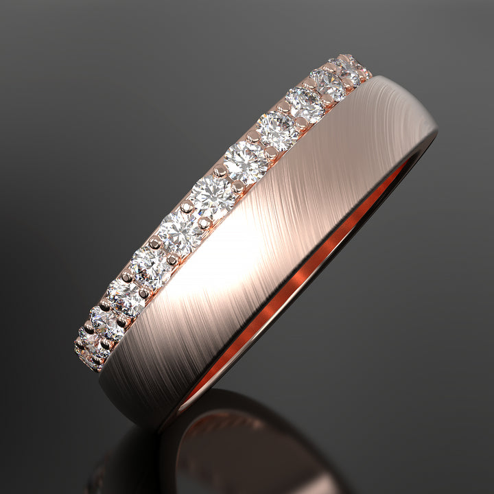 Dual-sided diamond band with lab-grown diamonds and angled brushed pattern.