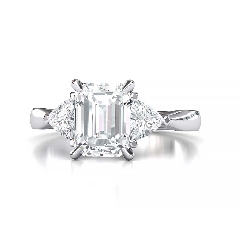 Exquisite 8x6mm Emerald-Cut Moissanite Three-Stone Ring with Tapered Band and Trapezoid Side Stones