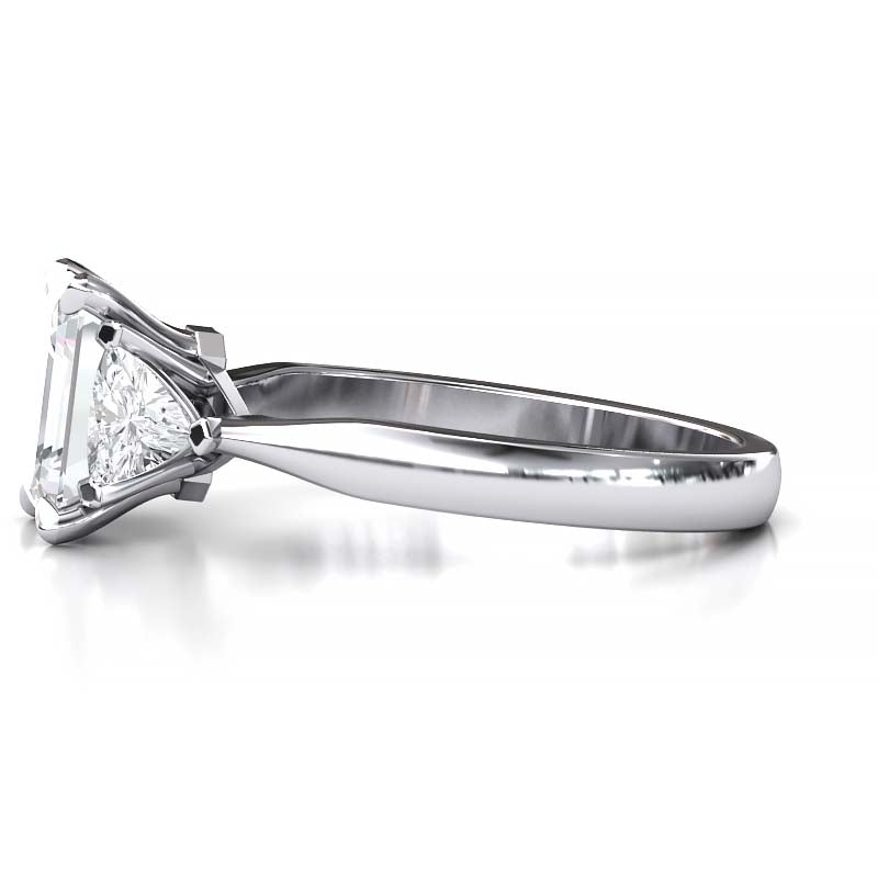 Exquisite 8x6mm Emerald-Cut Moissanite Three-Stone Ring with Tapered Band and Trapezoid Side Stones