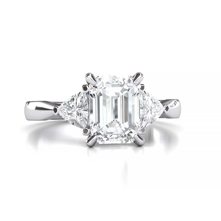 Exquisite 8x6mm Emerald-Cut Moissanite Three-Stone Ring with Tapered Band and Trapezoid Side Stones