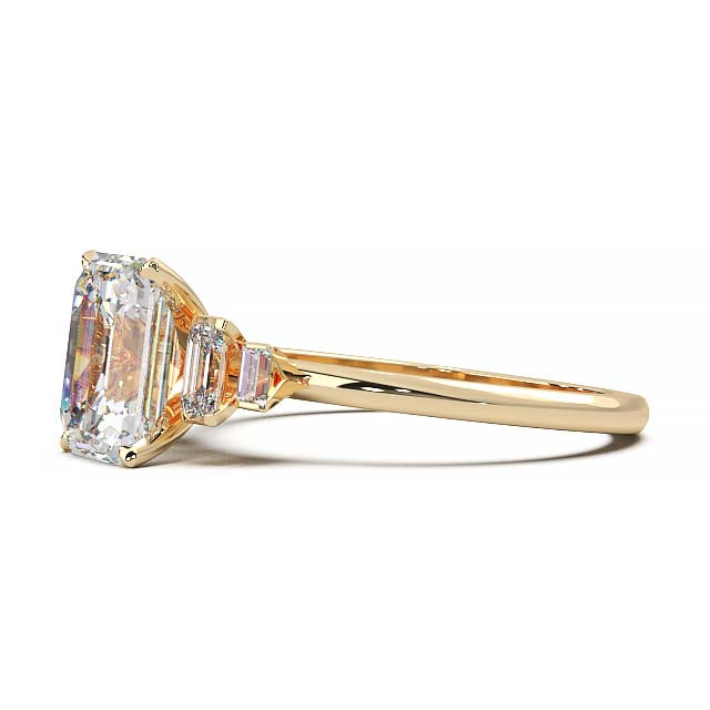 Exquisite 2.2ct Emerald-Cut Lab-Grown Yellow Diamond Engagement Ring with Flanking Baguettes Set in Lustrous Yellow Gold