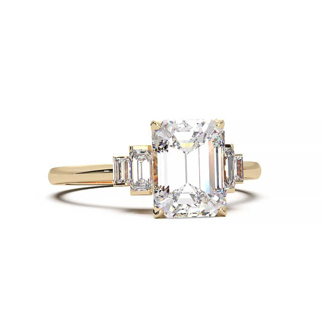 Exquisite 2.2ct Emerald-Cut Lab-Grown Yellow Diamond Engagement Ring with Flanking Baguettes Set in Lustrous Yellow Gold