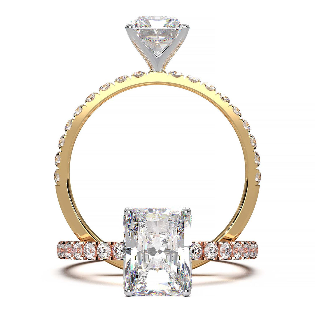 1.7 carat lab grown radiant diamond ring in pave setting available in 14k, 18k gold, and platinum.