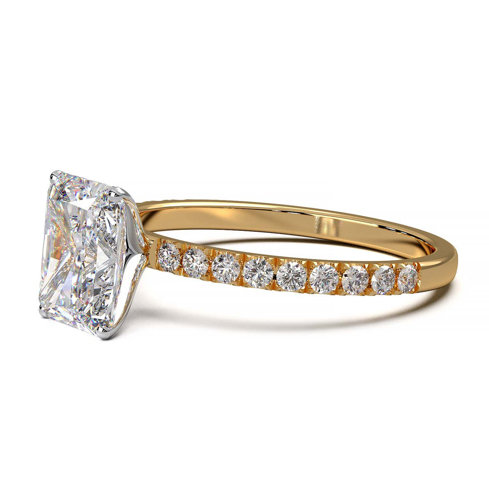 1.7 carat lab grown radiant diamond ring in pave setting available in 14k, 18k gold, and platinum.