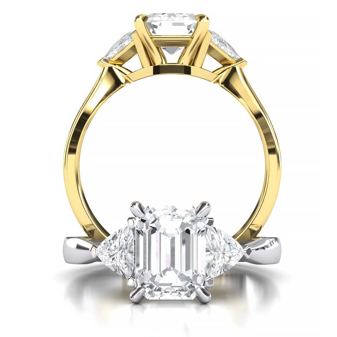 Exquisite 8x6mm Emerald-Cut Moissanite Three-Stone Ring with Tapered Band and Trapezoid Side Stones