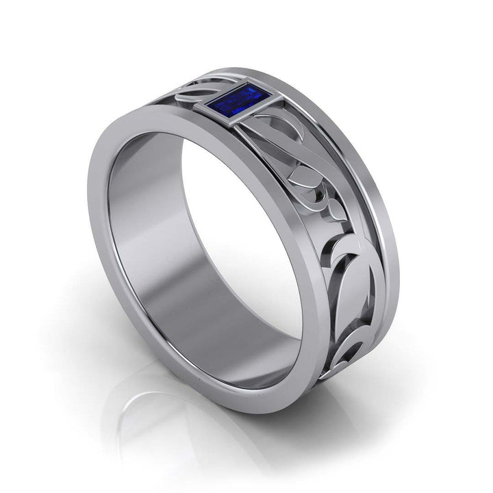 7mm White Gold Men's Ring with Blue Sapphire - Sophisticated Weave Pattern Design, Timeless Elegance