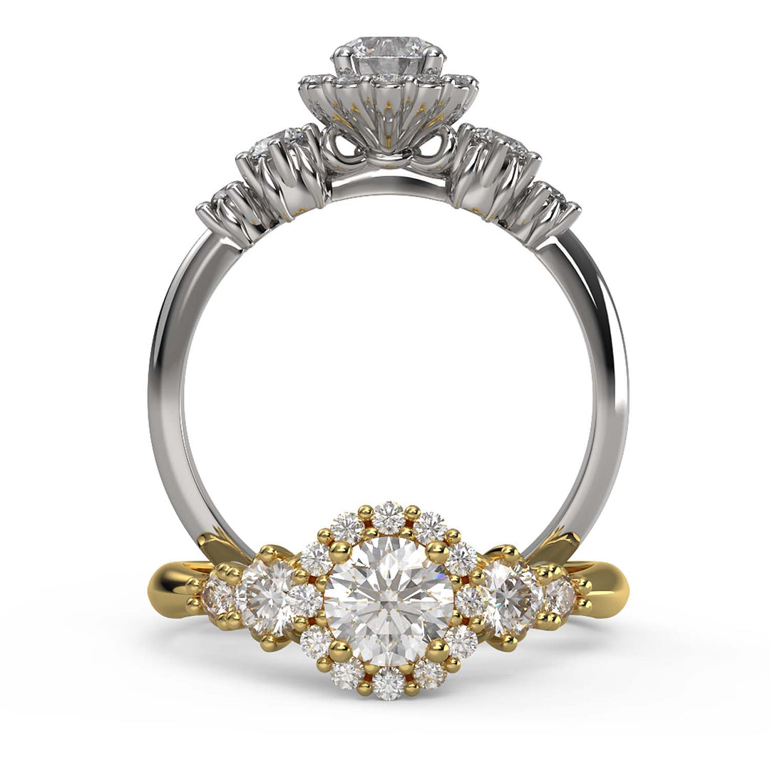 Round Halo Diamond Engagement Ring with Side Accents in Gold