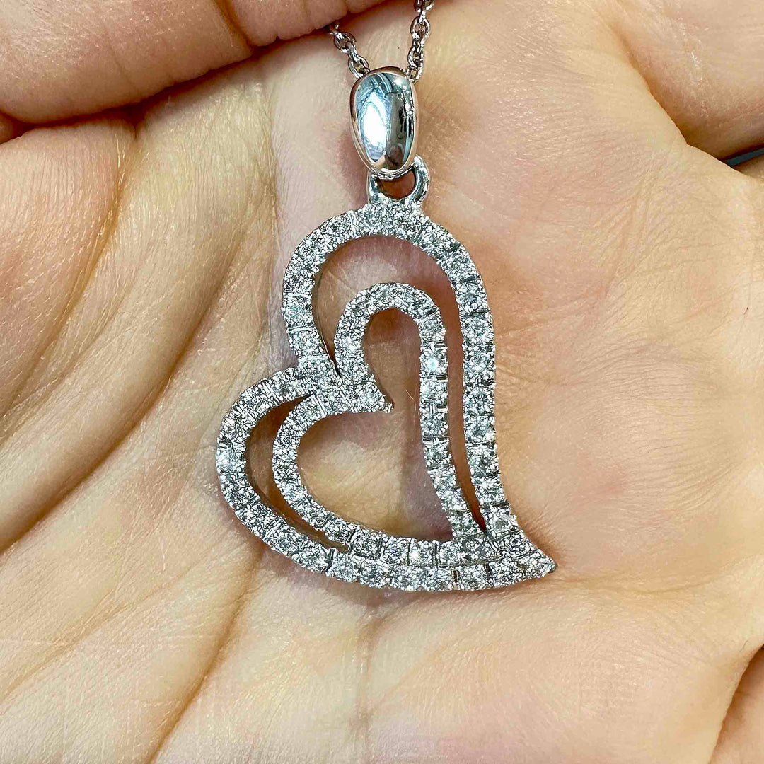Elegant Double Heart Pendant in 18K White Gold with Natural