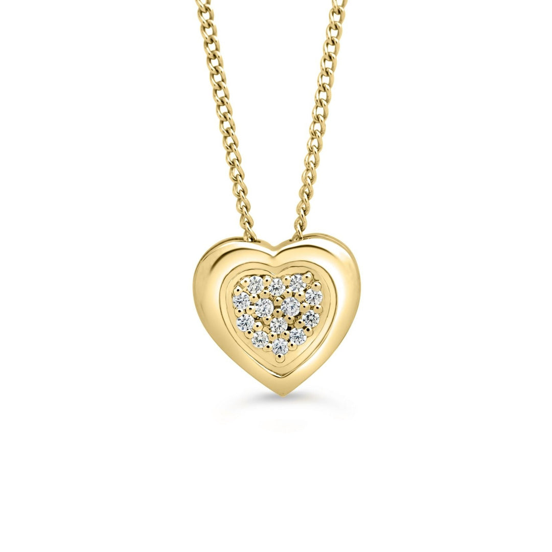 Elegant 10K yellow gold heart pendant with 0.05 ct diamond pavé, beautifully hanging on a matching gold chain, ideal for adding a touch of romance and luxury to any outfit.