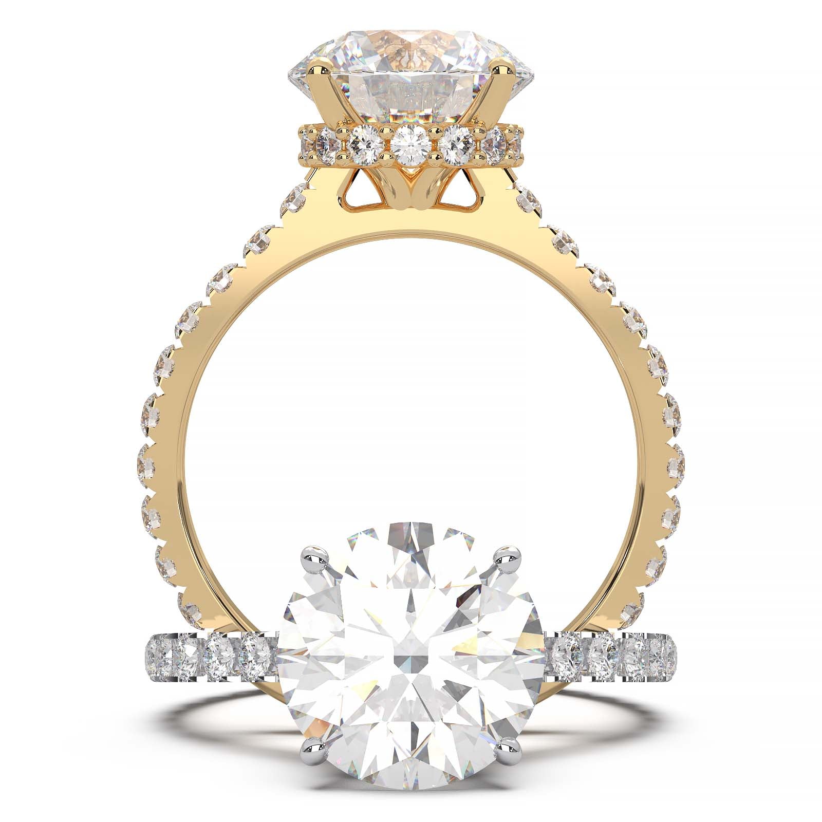 1.9 Carat Round Lab Grown Diamond Ring with Hidden Halo, Cathedral Setting, and Pave Band