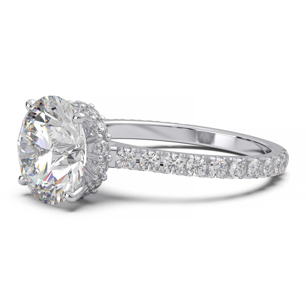 1.9 Carat Round Lab Grown Diamond Ring with Hidden Halo, Cathedral Setting, and Pave Band