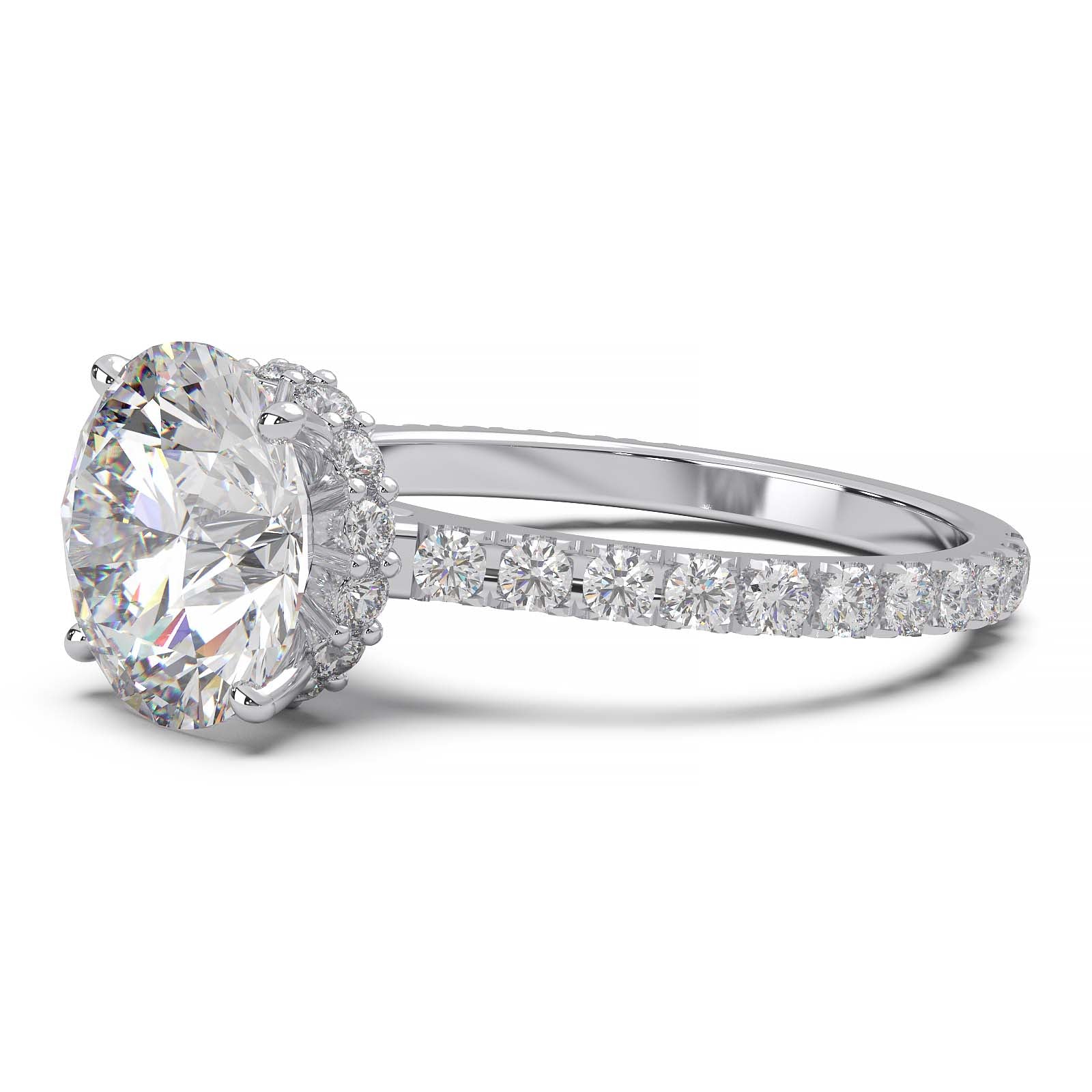 1.9 Carat Round Lab Grown Diamond Ring with Hidden Halo, Cathedral Setting, and Pave Band