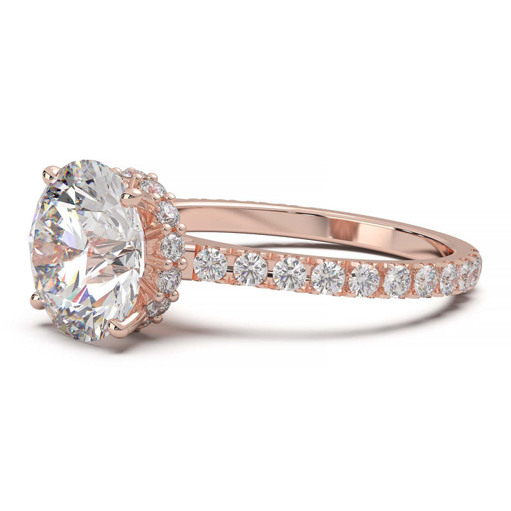 1.9 Carat Round Lab Grown Diamond Ring with Hidden Halo, Cathedral Setting, and Pave Band
