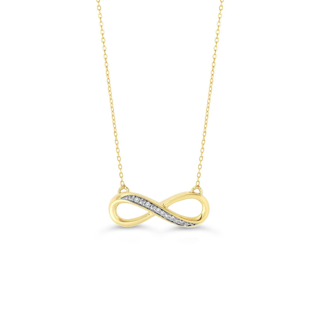 Sleek 10K yellow gold infinity pendant adorned with 0.021 ct of diamonds, elegantly displayed on a coordinating chain, symbolizing everlasting love and commitment.
