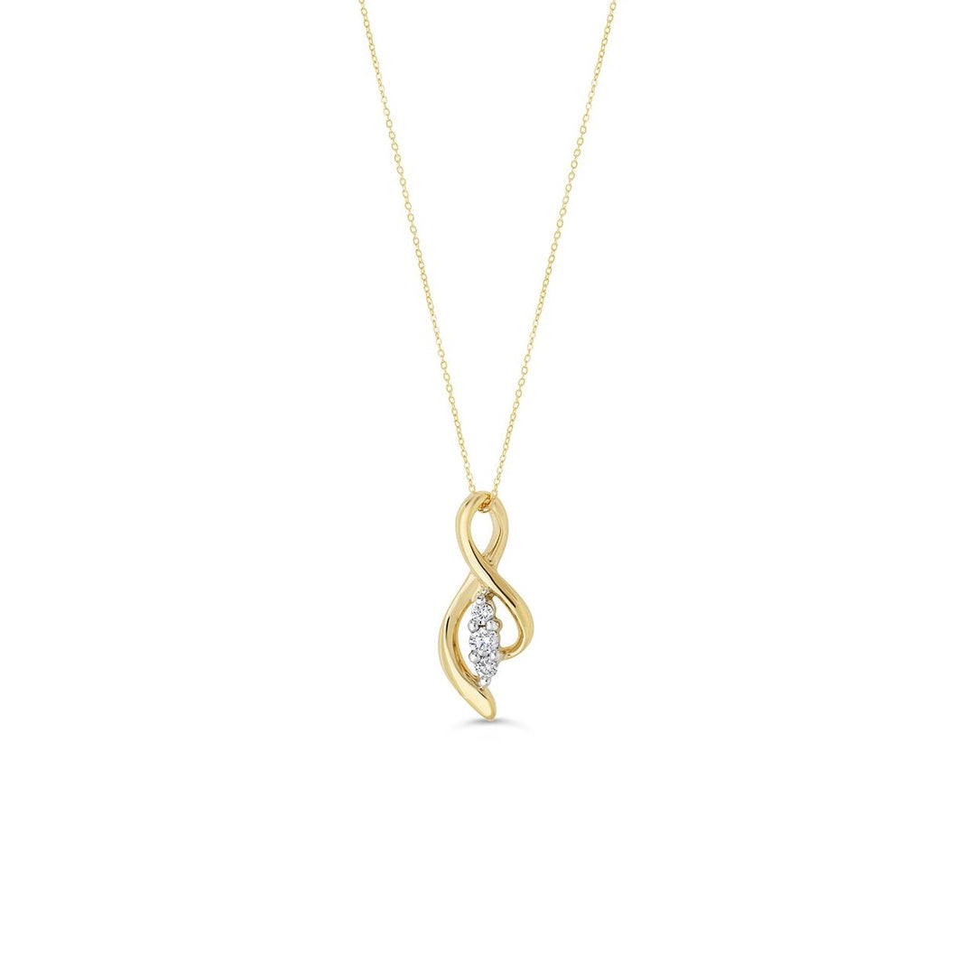 Stylish 10K yellow gold figure 8 pendant with three diamonds totaling 0.08 ct, featuring an open side design, elegantly hung on a matching chain for a sophisticated look.