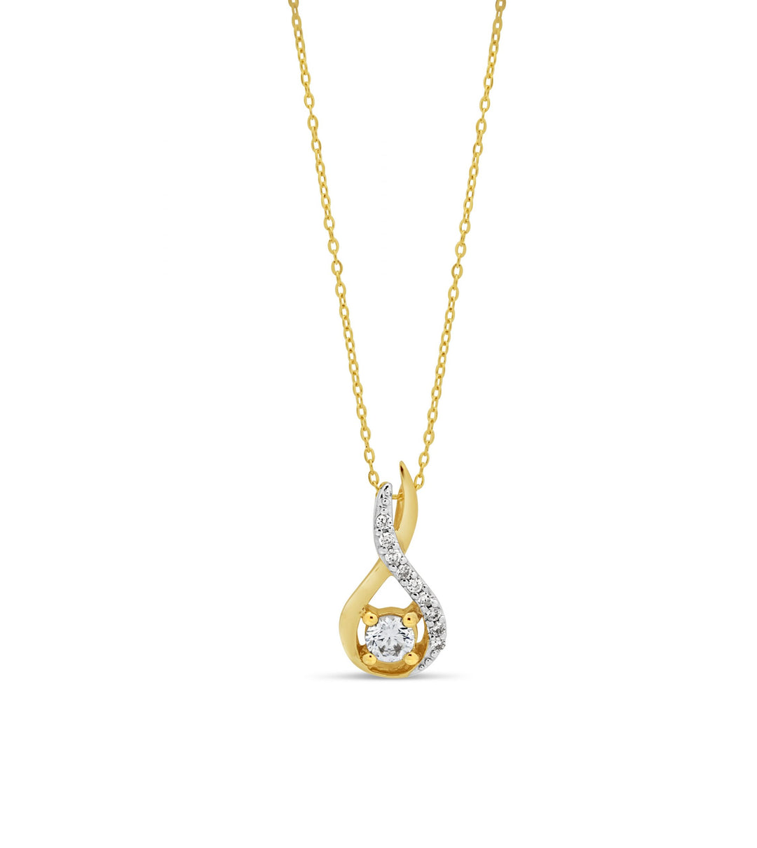 Gold Figure 8 pendant necklace with diamonds, featuring an open infinity design on a delicate yellow gold chain, symbolizing eternal love.