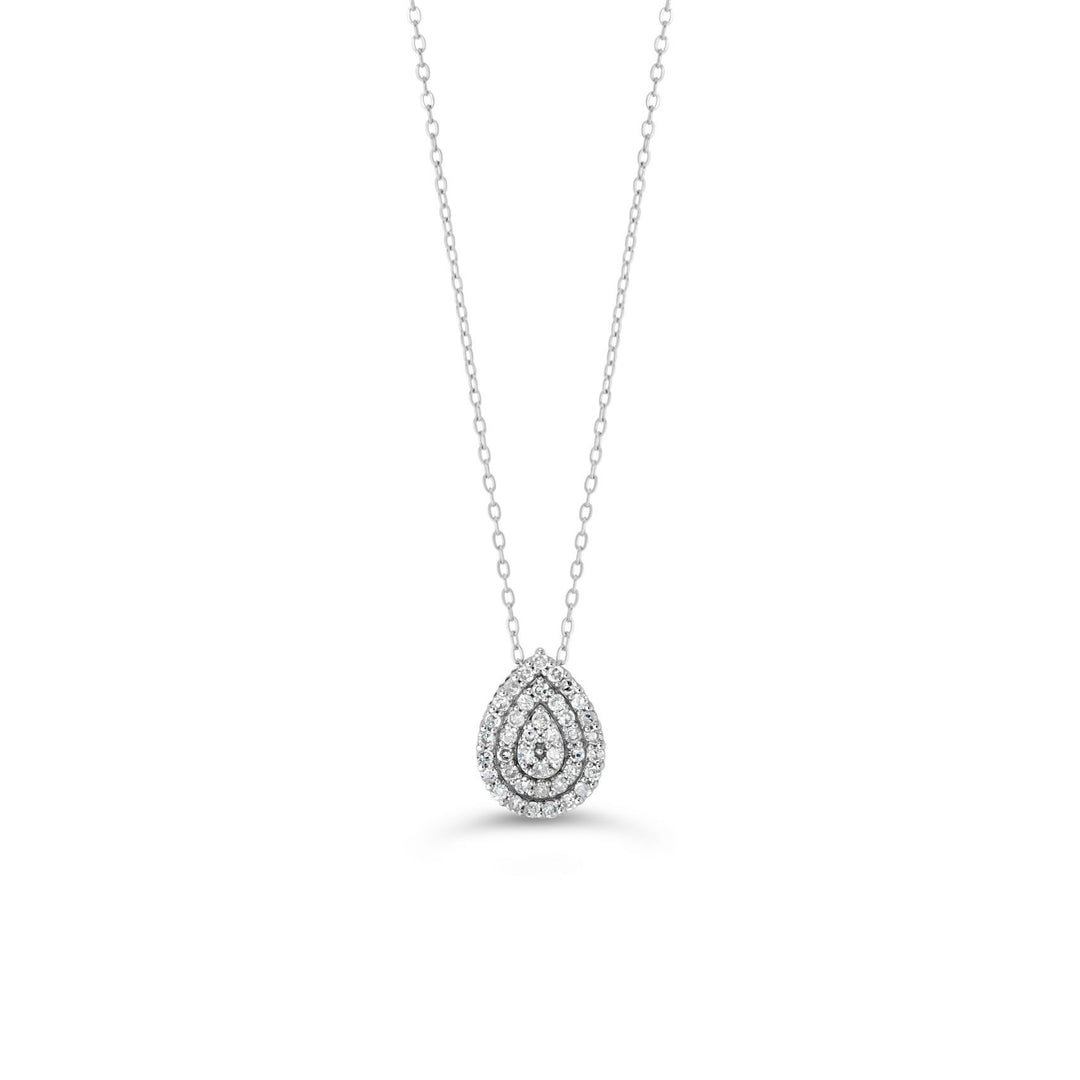 Luxurious 10K white gold pendant with a pear-shaped diamond illusion design totaling 0.103 ct, beautifully suspended on a white gold chain for a sophisticated look.