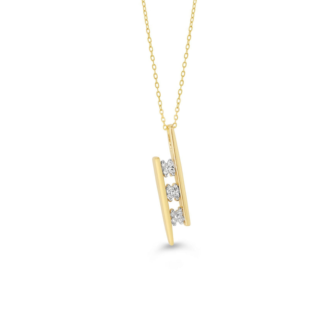 Sophisticated 10K yellow gold vertical bar pendant featuring three diamonds symbolizing past, present, and future, with a total weight of 0.06 ct, on a delicate gold chain.