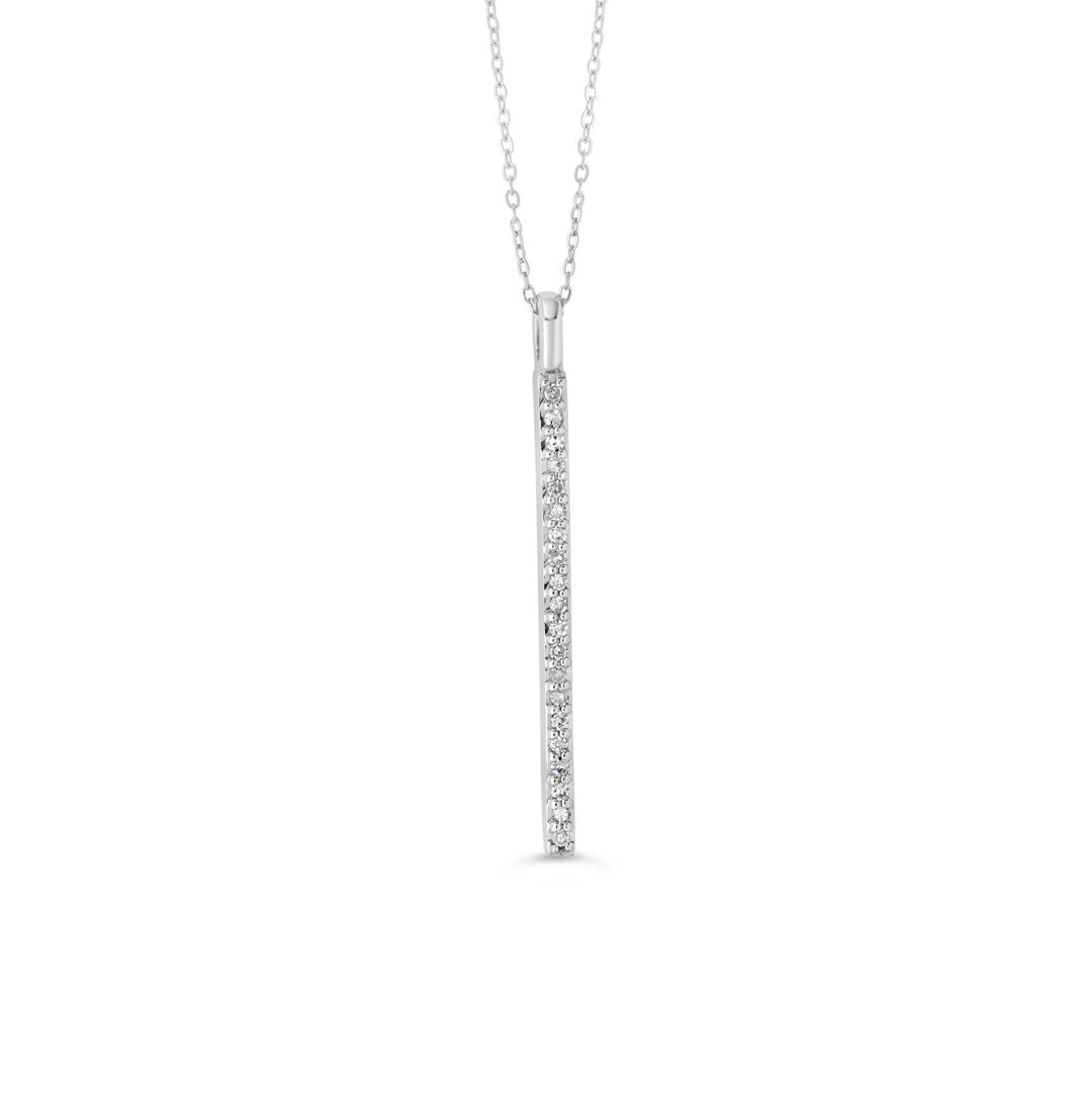 Modern 10K white gold vertical bar pendant encrusted with 0.10 ct of diamonds, elegantly suspended on a matching chain, ideal for a sleek and sophisticated style.