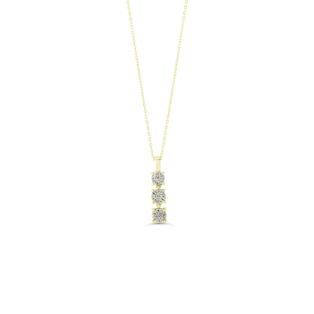 Yellow gold necklace with a vertical pendant featuring three sparkling diamonds, representing past, present, and future, on a delicate chain.