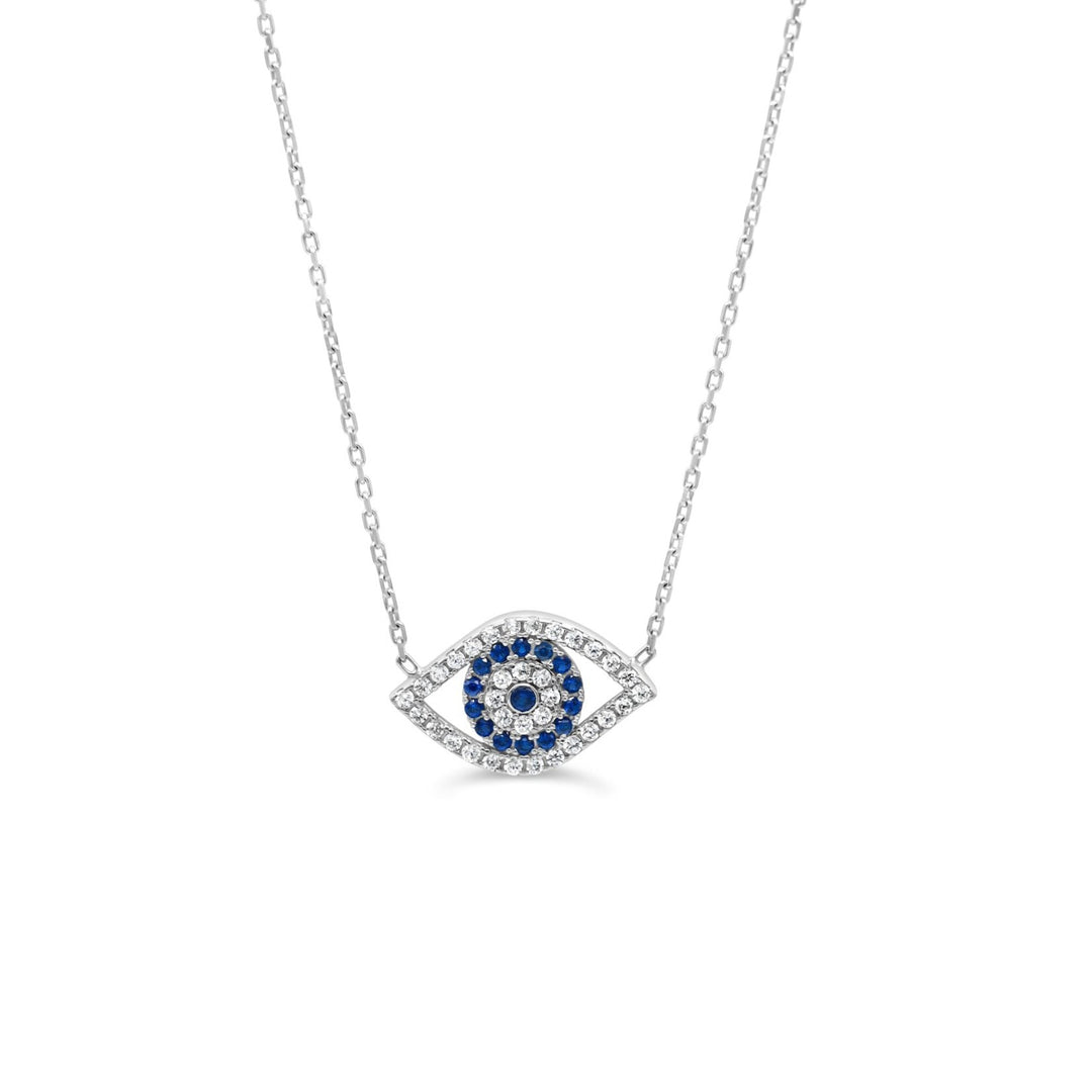 Elegant 10K white gold evil eye necklace featuring blue and clear cubic zirconia stones, offering both beauty and symbolic protection, perfect for daily wear or as a thoughtful gift.