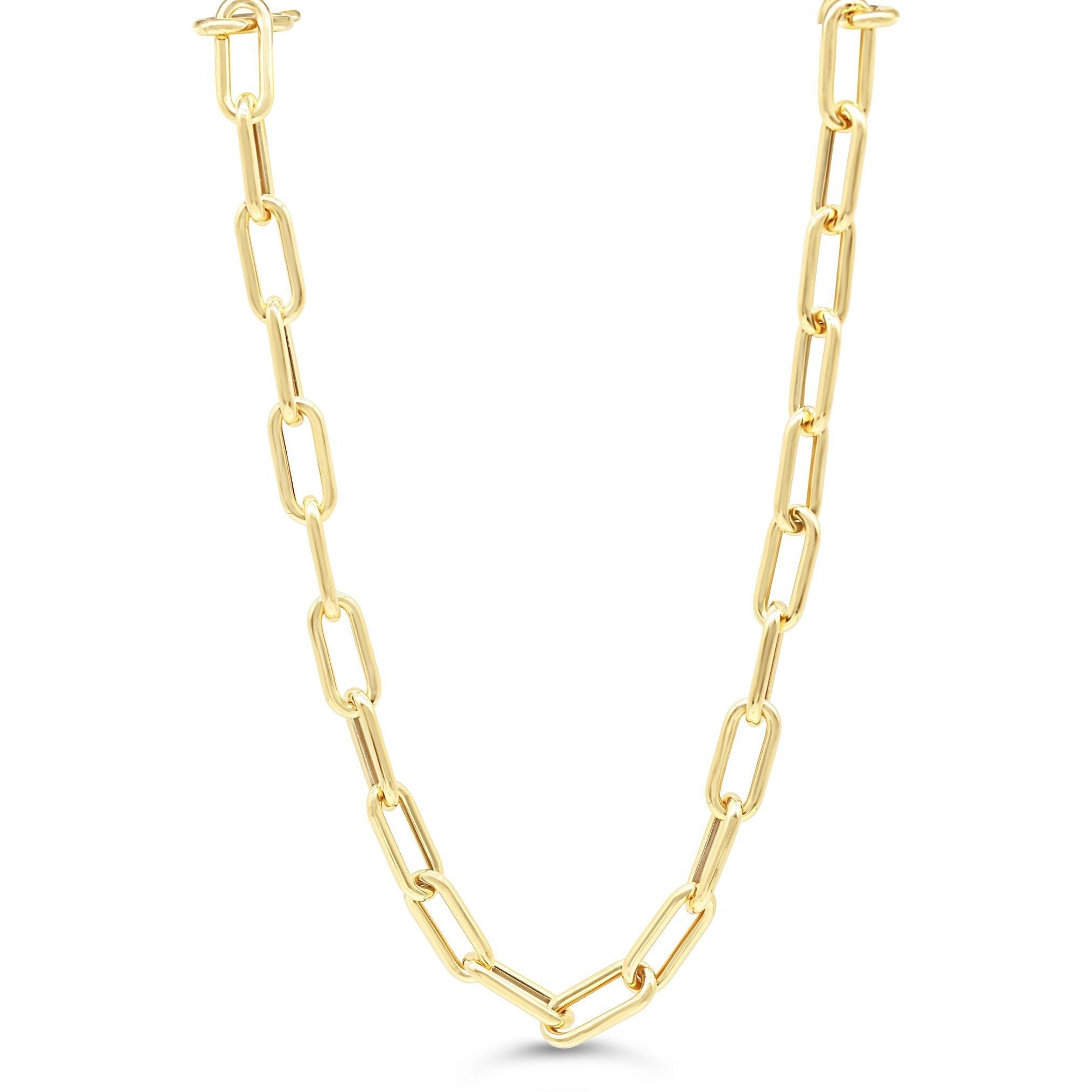 Chunky 10K yellow gold paperclip chain necklace with oversized polished links.