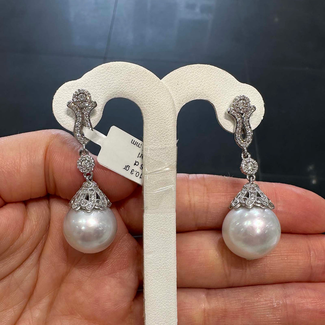 Unique White South Sea Pearl Earrings in 14K White Gold