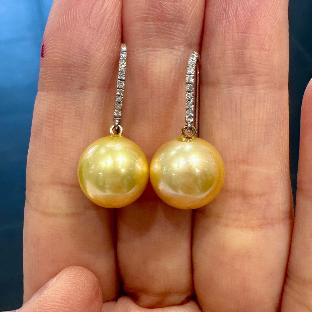 Luxurious 12mm Golden South Sea Pearl Earrings with Diamonds in 14K White Gold
