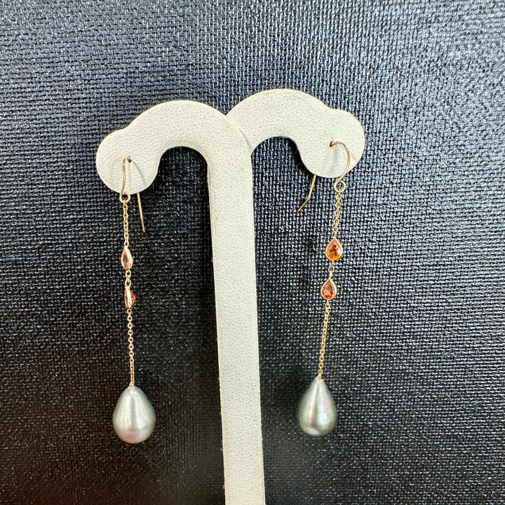10.4mm teardrop gray Tahitian Pearl Earrings with orange sapphires in 14K yellow gold