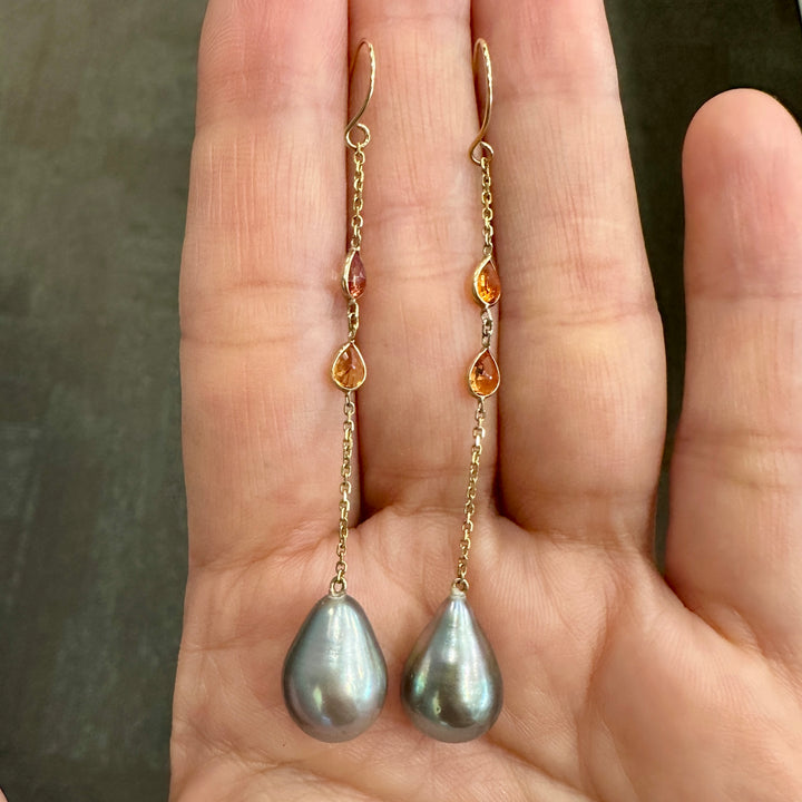 10.4mm teardrop gray Tahitian Pearl Earrings with orange sapphires in 14K yellow gold