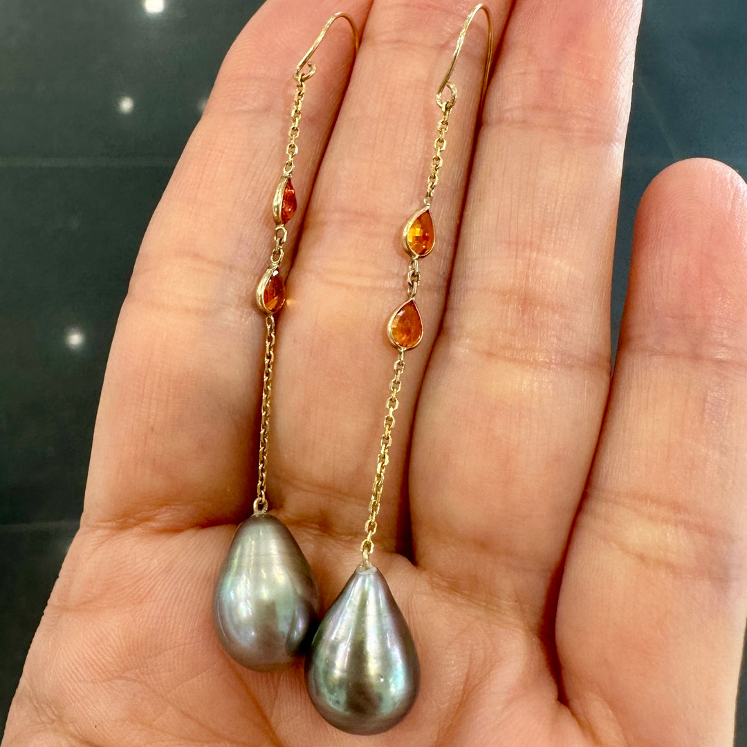 10.4mm teardrop gray Tahitian Pearl Earrings with orange sapphires in 14K yellow gold