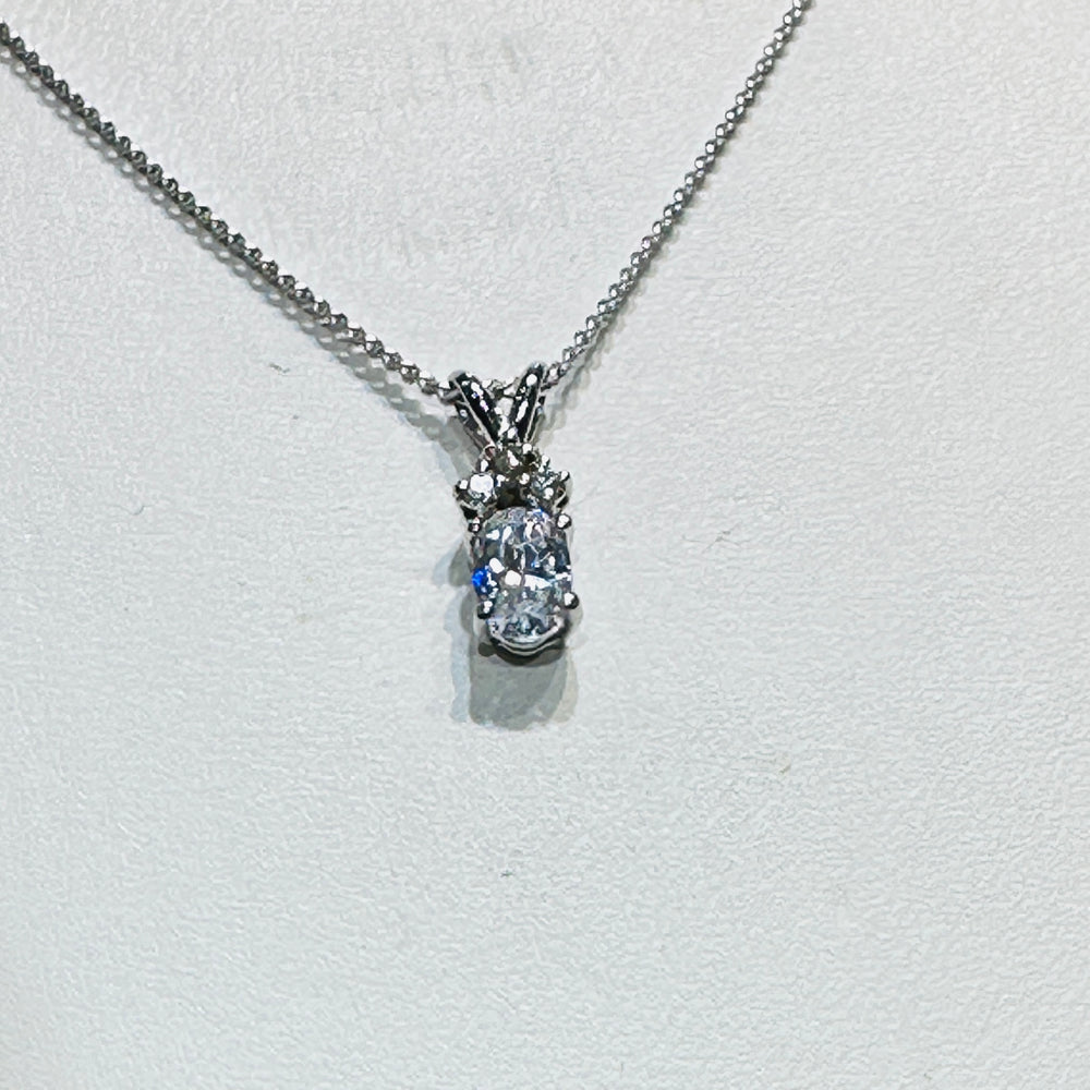 14K white gold pendant with cubic zirconia and natural diamond on an 18" 14K white gold box chain, perfect for April birthstone gifts.