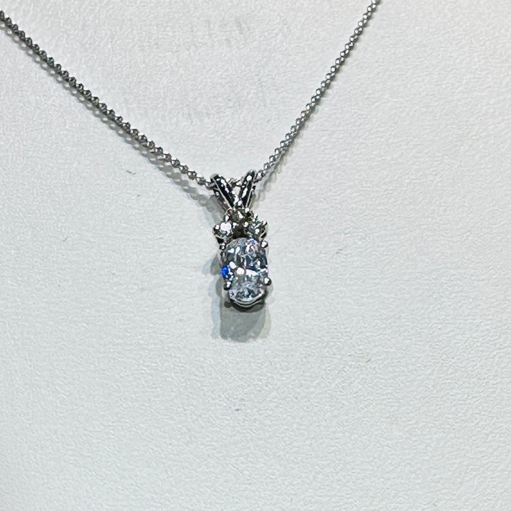 14K white gold pendant with cubic zirconia and natural diamond on an 18" 14K white gold box chain, perfect for April birthstone gifts.