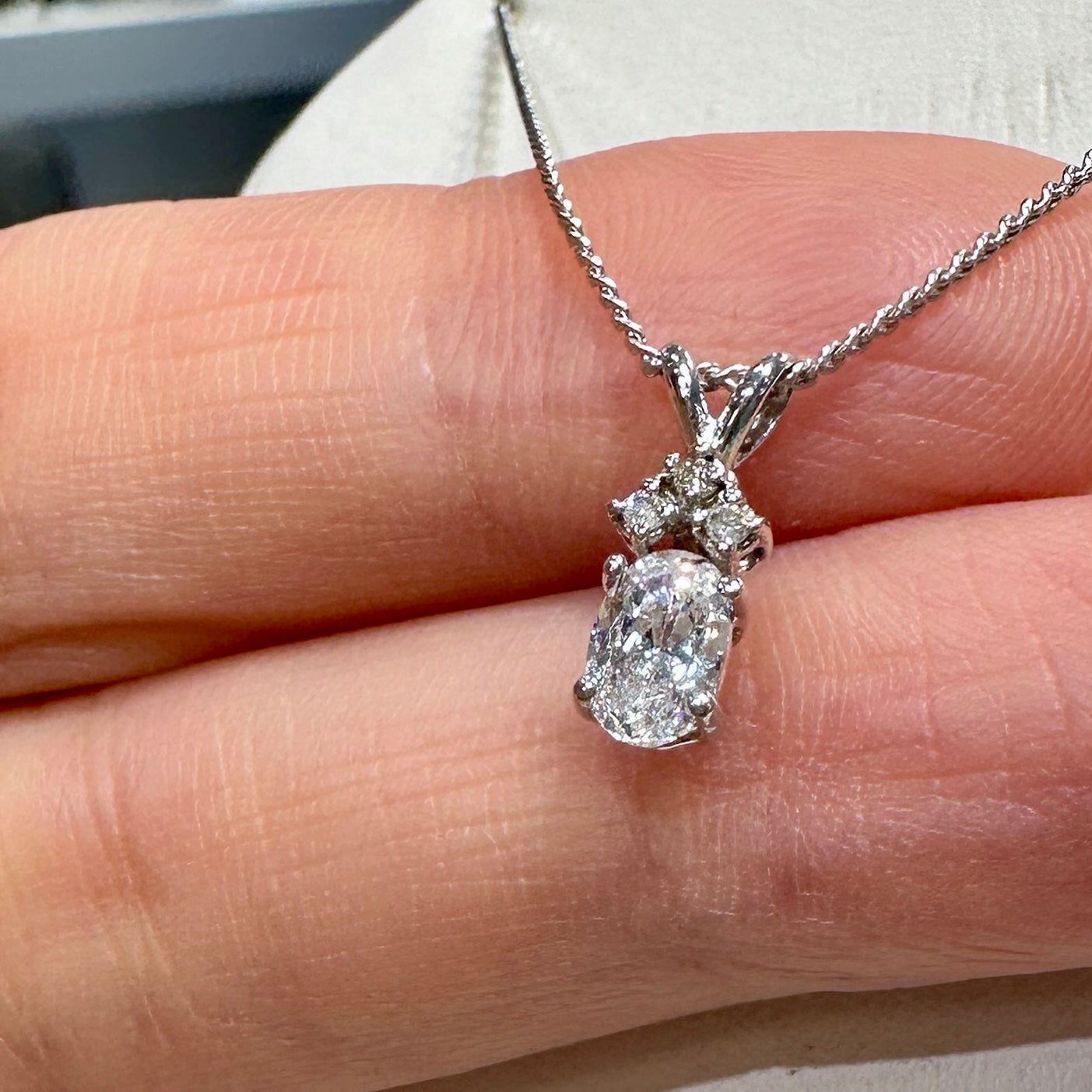 14K white gold pendant with cubic zirconia and natural diamond on an 18" 14K white gold box chain, perfect for April birthstone gifts.