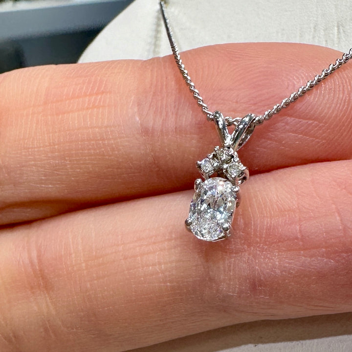 14K white gold pendant with cubic zirconia and natural diamond on an 18" 14K white gold box chain, perfect for April birthstone gifts.