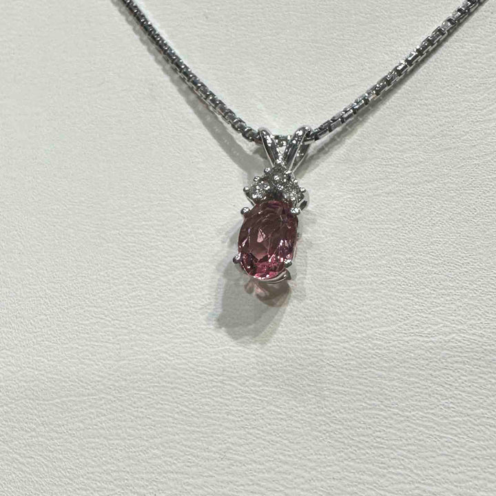 14K white gold pendant with pink tourmaline and natural diamond on an 18" 14K white gold box chain, perfect for October birthstone gifts.