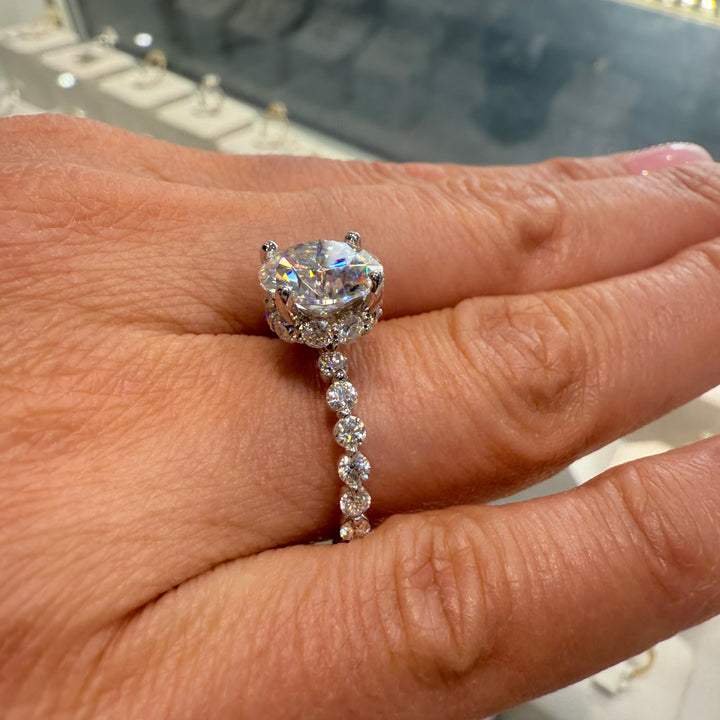 3.2 Ct round moissanite engagement ring with hidden halo in 14K gold.