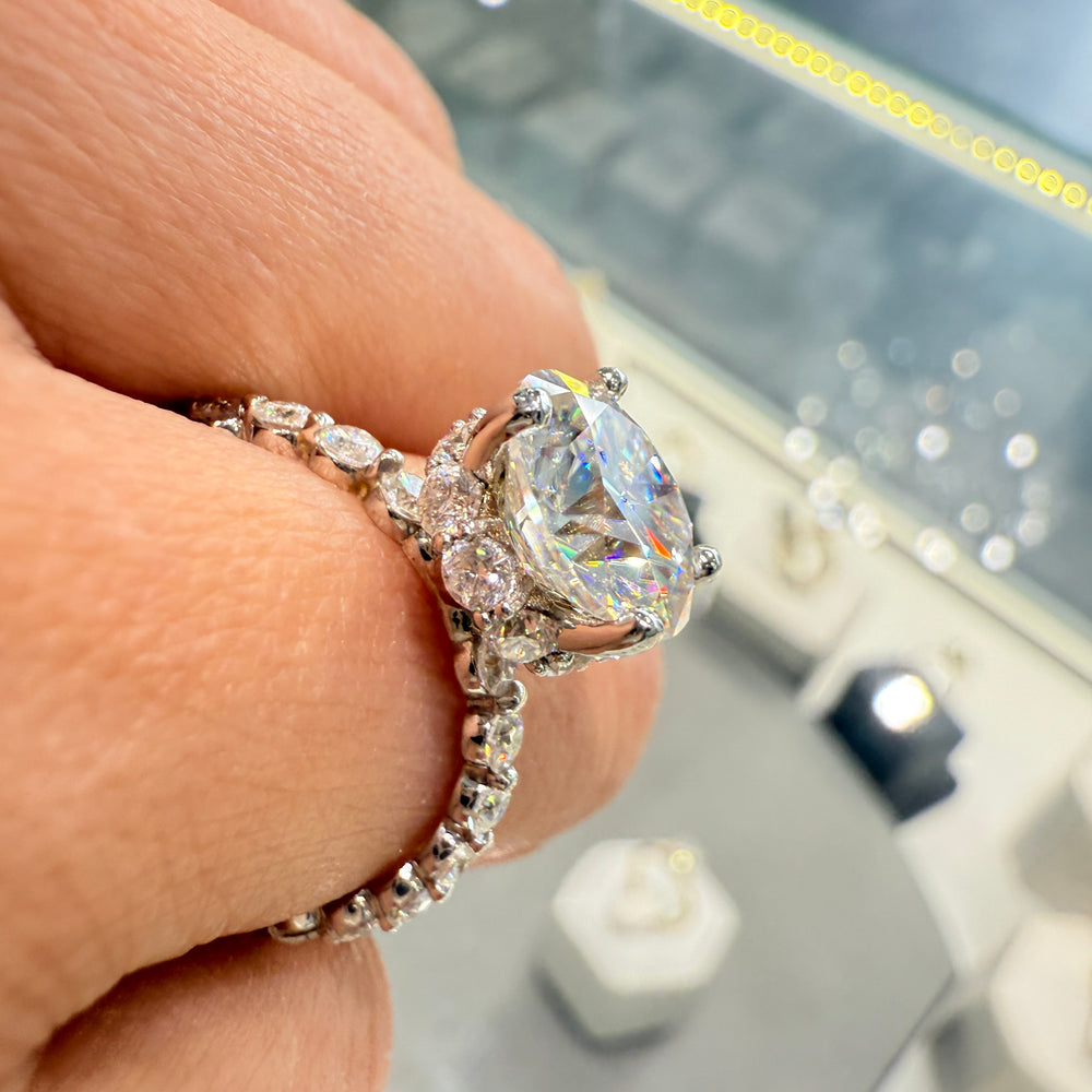 3.2 Ct round moissanite engagement ring with hidden halo in 14K gold.