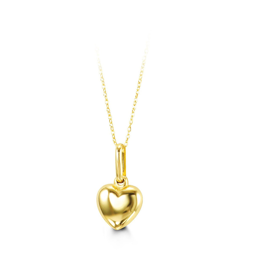 A 10K yellow gold necklace featuring a polished heart pendant with a 14-inch chain, designed for babies and kids.
