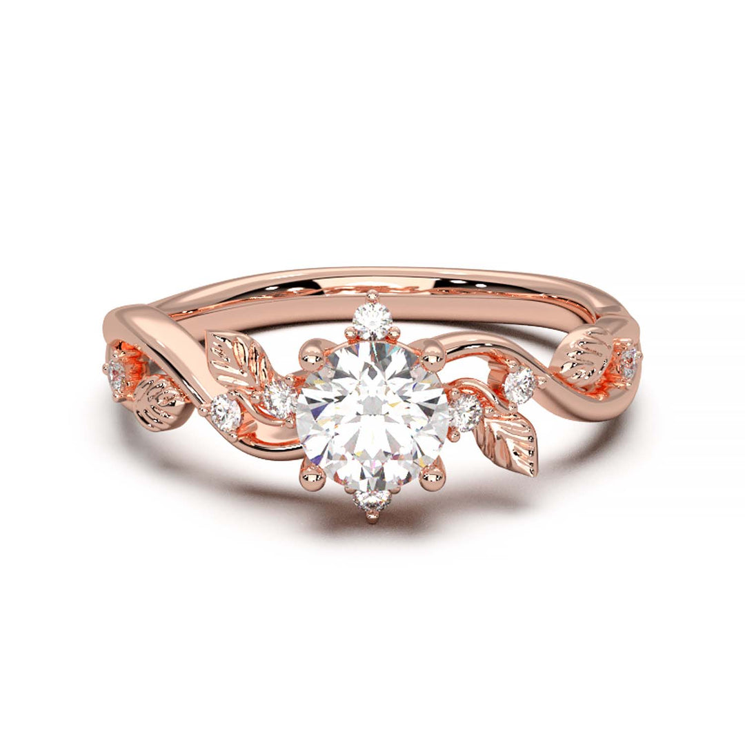 Leaf Vine Diamond Ring with Twisted Band and Round Brilliant Cut Center Stone