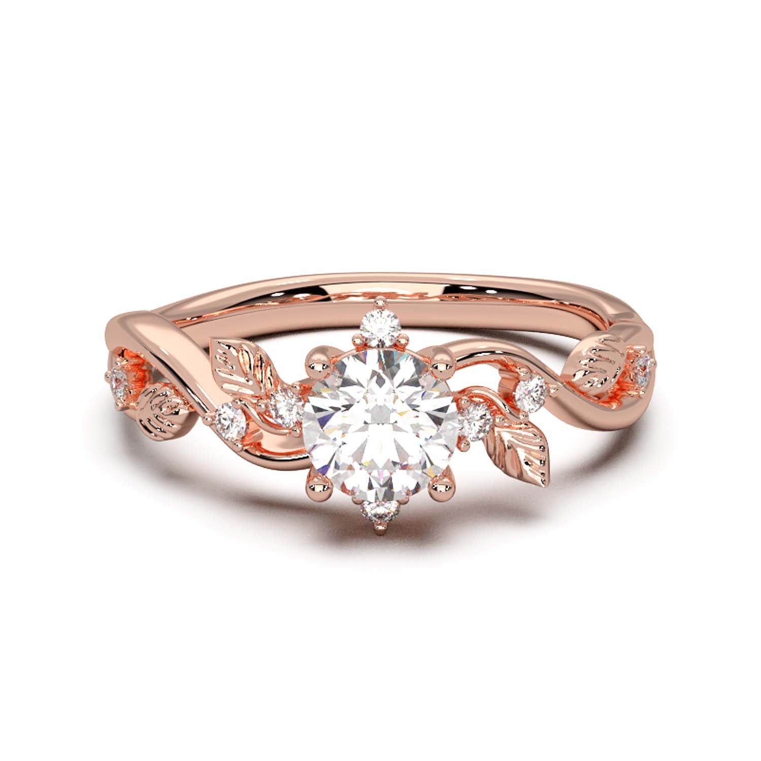 Leaf Vine Diamond Ring with Twisted Band and Round Brilliant Cut Center Stone