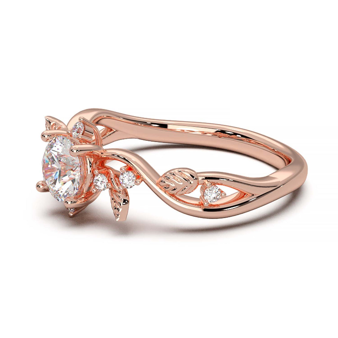 Leaf Vine Diamond Ring with Twisted Band and Round Brilliant Cut Center Stone